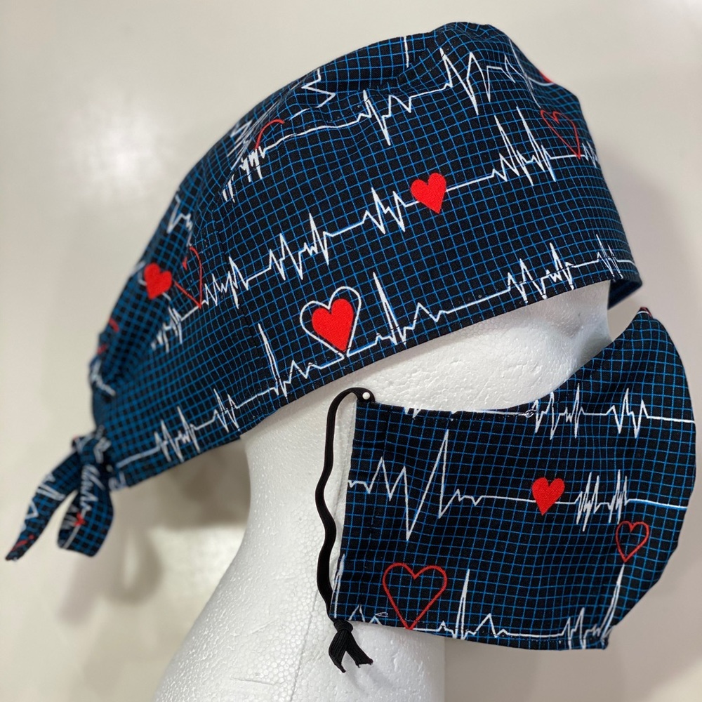 Surgical cap with ties on back and matching mask